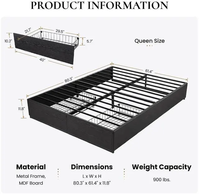 Alt view image 2 of 7 - Queen Platform Bed Frame with 2 Large Storage Drawers - Heavy Duty Metal & Rustic Wood, Noise-Free, No Box Spring Needed, Black