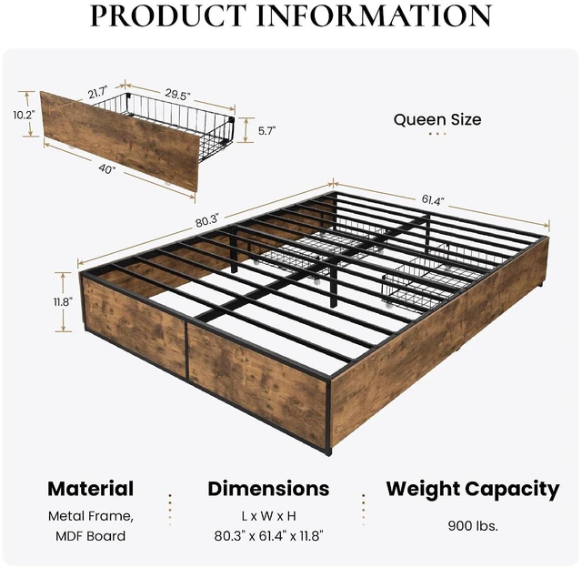 Alt view image 2 of 7 - Queen Platform Bed Frame with 2 Large Storage Drawers, Rustic Wood and Metal, Noise-Free, Easy Assembly, No Box Spring Needed, Brown