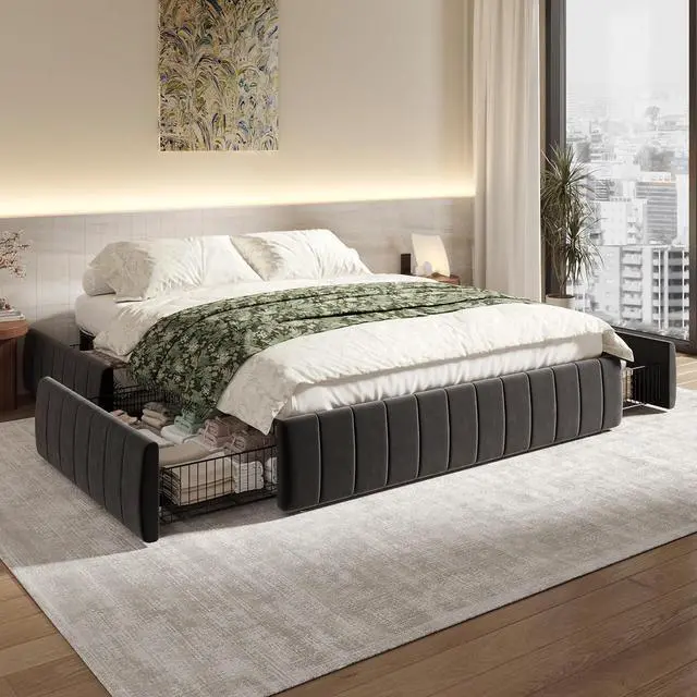 Alt view image 3 of 7 - Queen Size Velvet Upholstered Platform Bed Frame with 4 Storage Drawers, Vertical Channel Tufted, Low Profile, Fits Standard Headboards, Wooden Slats Support, Easy Assembly, Black