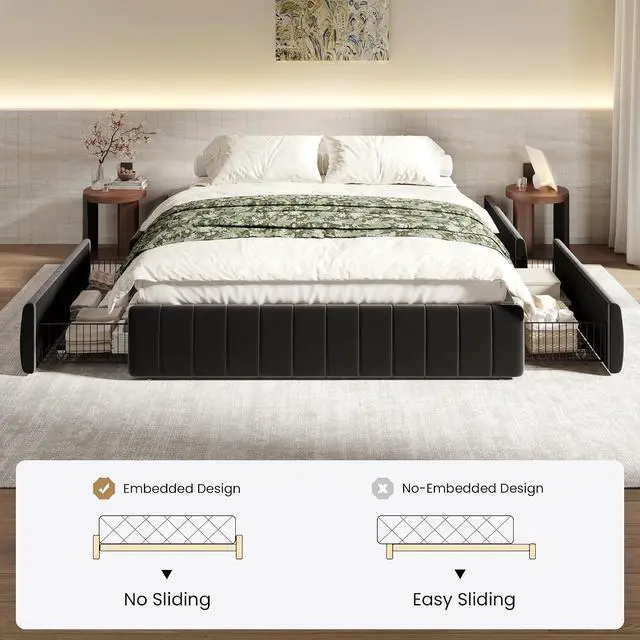 Alt view image 4 of 7 - Queen Size Velvet Upholstered Platform Bed Frame with 4 Storage Drawers, Vertical Channel Tufted, Low Profile, Fits Standard Headboards, Wooden Slats Support, Easy Assembly, Black