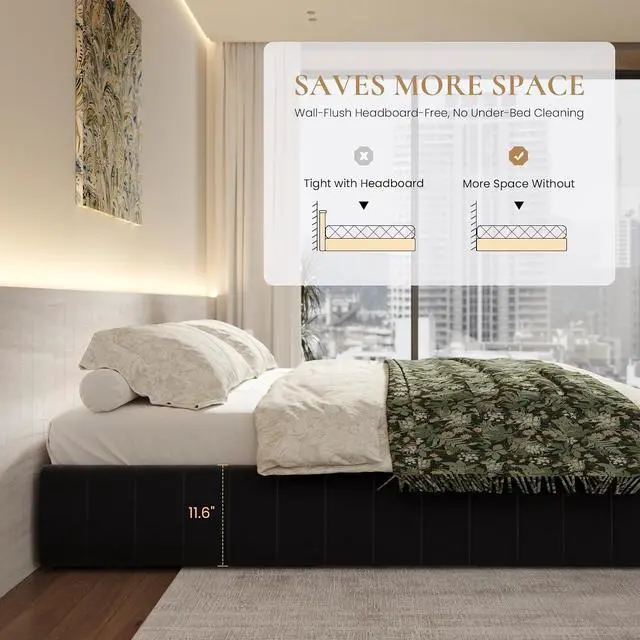 Alt view image 6 of 7 - Queen Size Velvet Upholstered Platform Bed Frame with 4 Storage Drawers, Vertical Channel Tufted, Low Profile, Fits Standard Headboards, Wooden Slats Support, Easy Assembly, Black