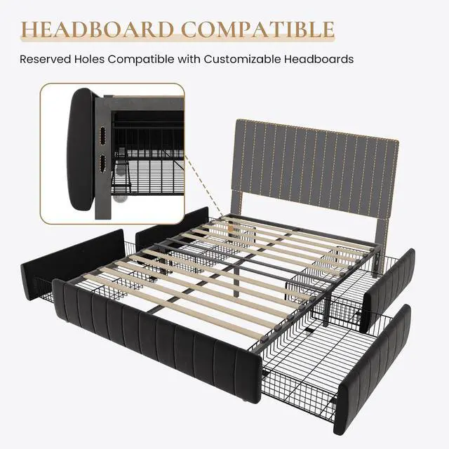 Alt view image 7 of 7 - Queen Size Velvet Upholstered Platform Bed Frame with 4 Storage Drawers, Vertical Channel Tufted, Low Profile, Fits Standard Headboards, Wooden Slats Support, Easy Assembly, Black