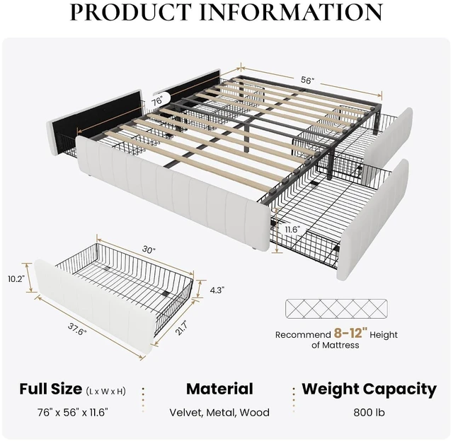 Alt view image 2 of 7 - Full Size Velvet Upholstered Platform Bed Frame with 4 Storage Drawers, Vertical Channel Tufted, Low Profile, Fits Standard Headboards, Wooden Slats Support, Easy Assembly, White