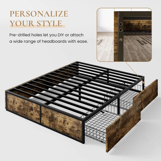 Alt view image 4 of 7 - Queen Platform Bed Frame with 2 Large Storage Drawers, Rustic Wood and Metal, Noise-Free, Easy Assembly, No Box Spring Needed, Brown