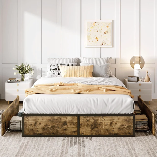 Main image of Queen Platform Bed Frame with 2 Large Storage Drawers, Rustic Wood and Metal, Noise-Free, Easy Assembly, No Box Spring Needed, Brown