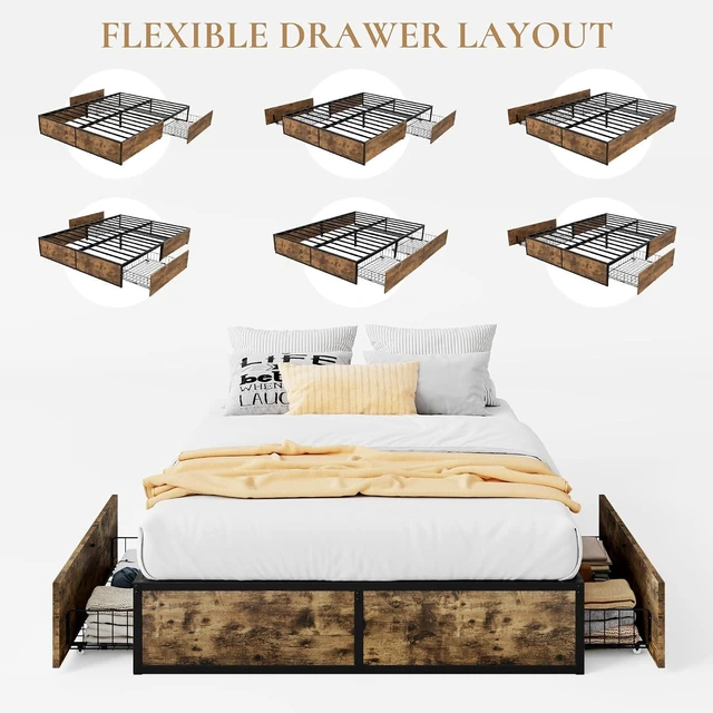 Alt view image 6 of 7 - Queen Platform Bed Frame with 2 Large Storage Drawers, Rustic Wood and Metal, Noise-Free, Easy Assembly, No Box Spring Needed, Brown