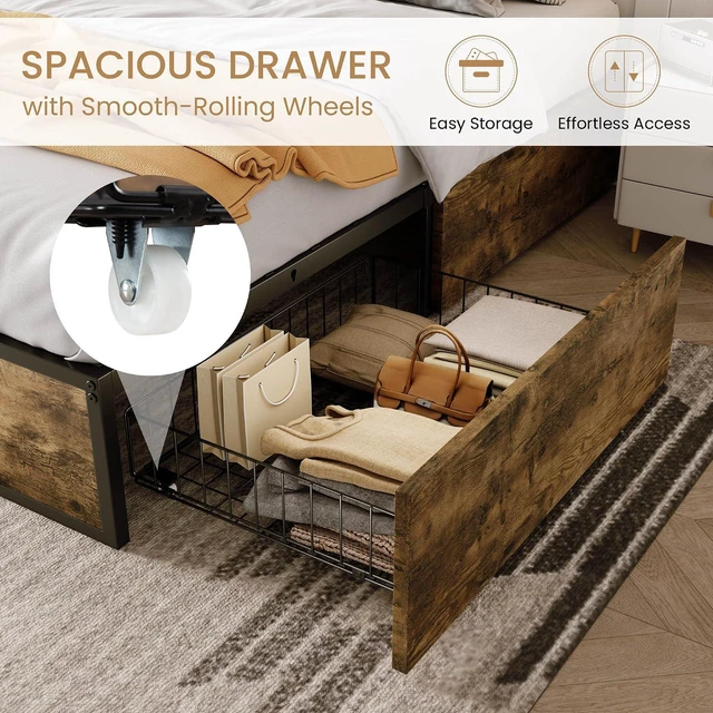 Alt view image 3 of 7 - Queen Platform Bed Frame with 2 Large Storage Drawers, Rustic Wood and Metal, Noise-Free, Easy Assembly, No Box Spring Needed, Brown