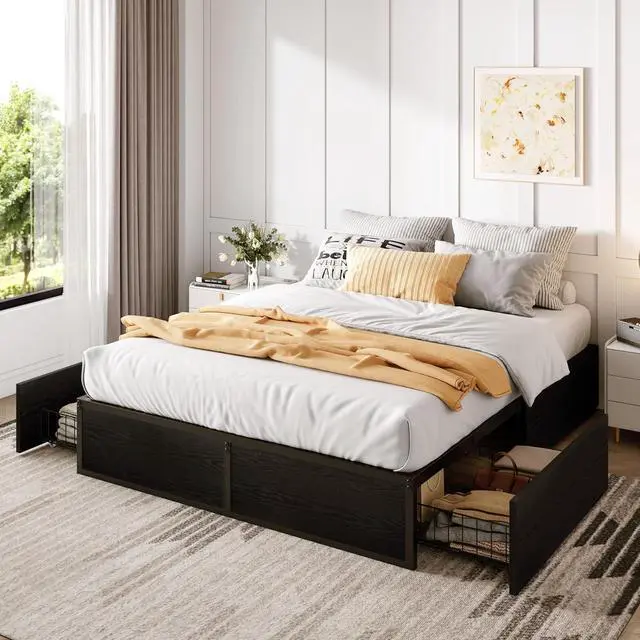 Main image of Queen Platform Bed Frame with 2 Large Storage Drawers - Heavy Duty Metal & Rustic Wood, Noise-Free, No Box Spring Needed, Black