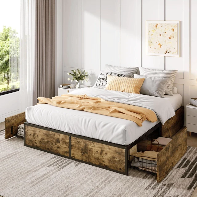 Alt view image 7 of 7 - Queen Platform Bed Frame with 2 Large Storage Drawers, Rustic Wood and Metal, Noise-Free, Easy Assembly, No Box Spring Needed, Brown
