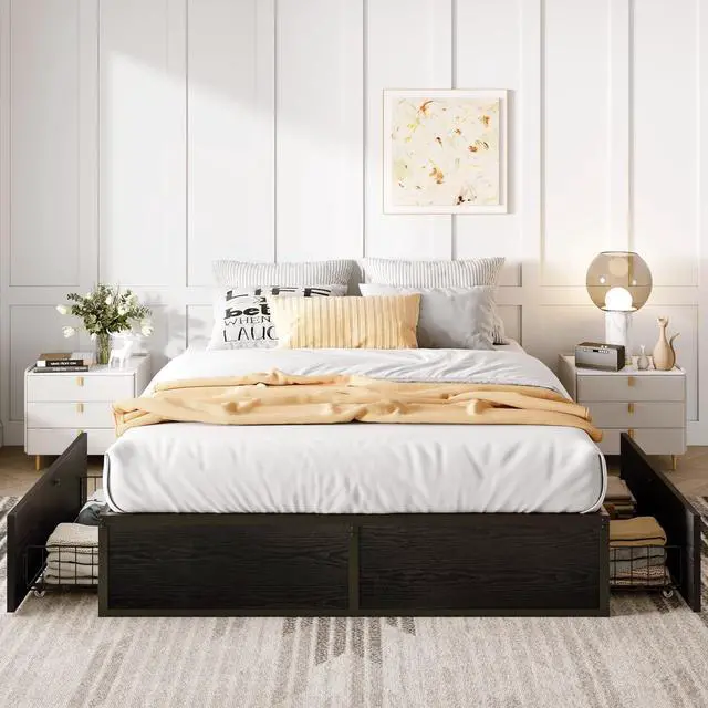 Alt view image 7 of 7 - Queen Platform Bed Frame with 2 Large Storage Drawers - Heavy Duty Metal & Rustic Wood, Noise-Free, No Box Spring Needed, Black