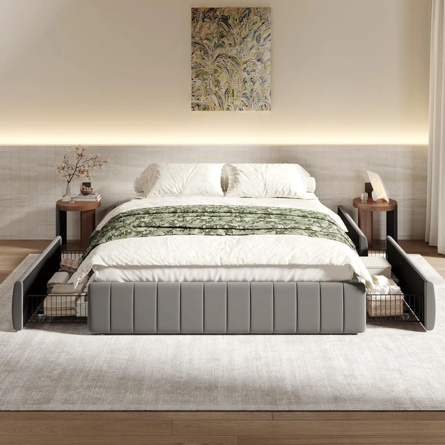 Main image of Full Size Velvet Upholstered Platform Bed Frame with 4 Storage Drawers, Vertical Channel Tufted, Low Profile, Fits Standard Headboards, Wooden Slats Support, Easy Assembly, Grey