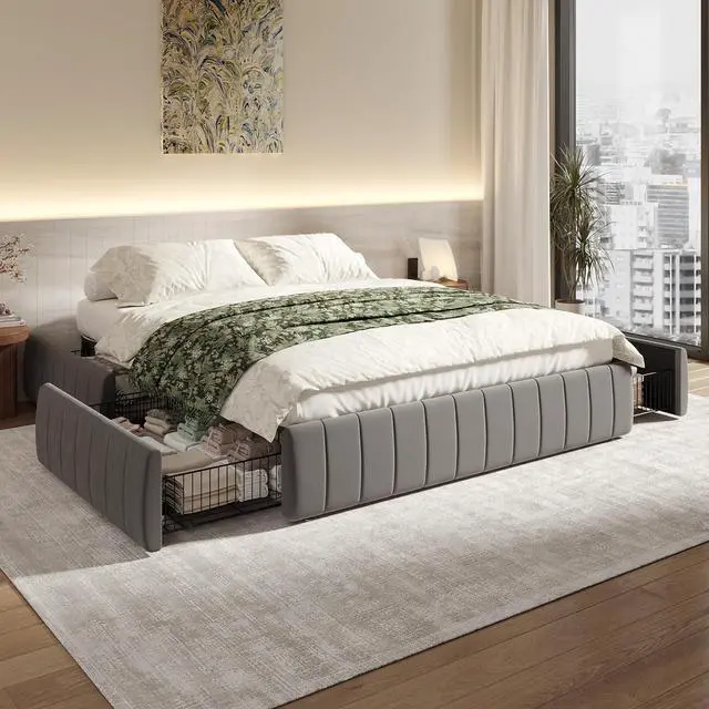 Alt view image 3 of 7 - Full Size Velvet Upholstered Platform Bed Frame with 4 Storage Drawers, Vertical Channel Tufted, Low Profile, Fits Standard Headboards, Wooden Slats Support, Easy Assembly, Grey