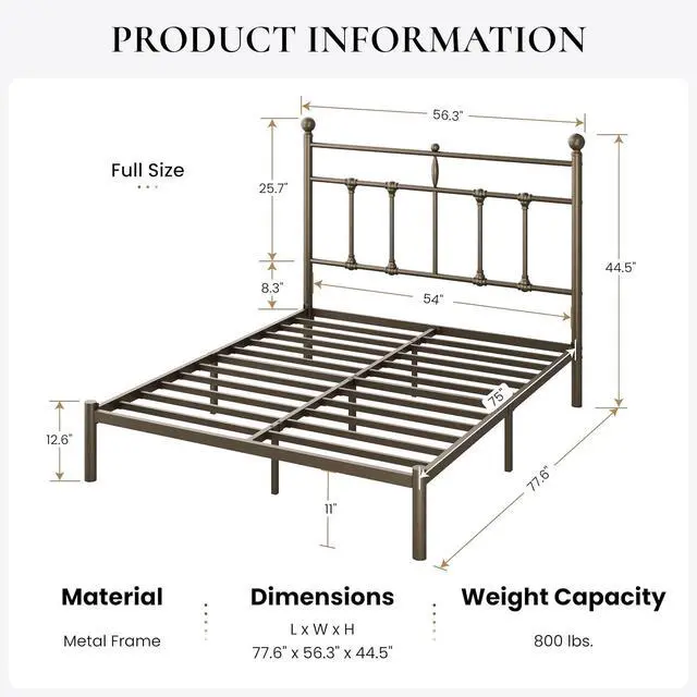 Alt view image 2 of 7 - Full Size Metal Platform Bed Frame with Victorian Vintage Headboard/Under Bed Storage/No Box Spring Needed/Easy Assembly/Noise Free/Mattress Foundation/Gold