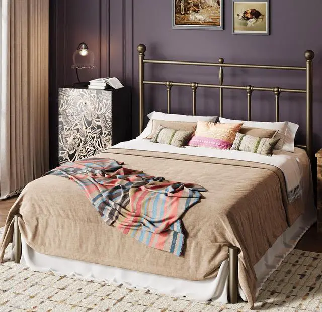 Alt view image 3 of 7 - Full Size Metal Platform Bed Frame with Victorian Vintage Headboard/Under Bed Storage/No Box Spring Needed/Easy Assembly/Noise Free/Mattress Foundation/Gold