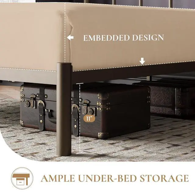 Alt view image 4 of 7 - Full Size Metal Platform Bed Frame with Victorian Vintage Headboard/Under Bed Storage/No Box Spring Needed/Easy Assembly/Noise Free/Mattress Foundation/Gold