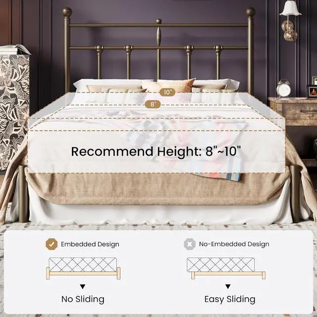 Alt view image 6 of 7 - Full Size Metal Platform Bed Frame with Victorian Vintage Headboard/Under Bed Storage/No Box Spring Needed/Easy Assembly/Noise Free/Mattress Foundation/Gold