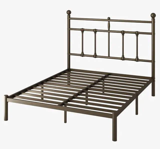 Alt view image 7 of 7 - Full Size Metal Platform Bed Frame with Victorian Vintage Headboard/Under Bed Storage/No Box Spring Needed/Easy Assembly/Noise Free/Mattress Foundation/Gold