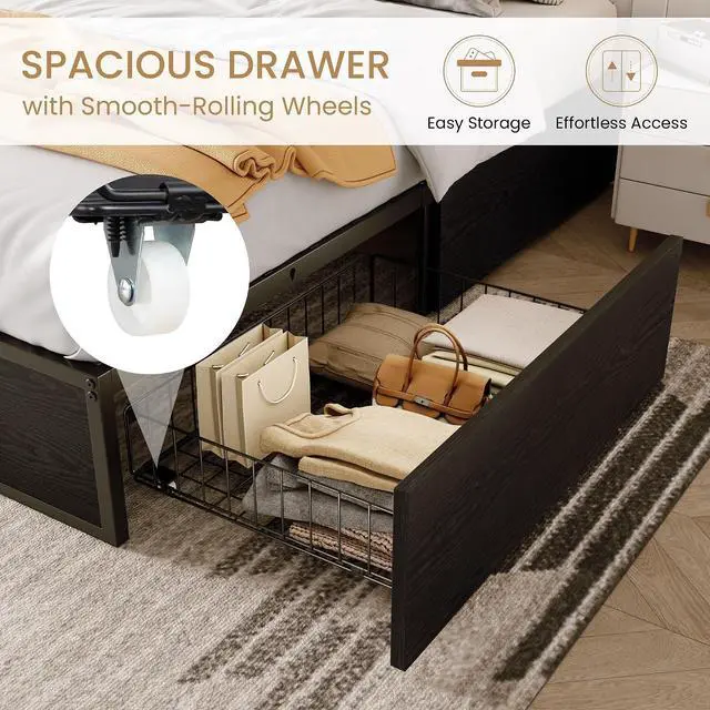 Alt view image 3 of 7 - Queen Platform Bed Frame with 2 Large Storage Drawers - Heavy Duty Metal & Rustic Wood, Noise-Free, No Box Spring Needed, Black