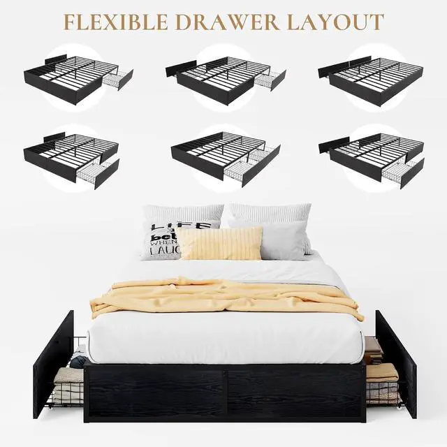 Alt view image 6 of 7 - Queen Platform Bed Frame with 2 Large Storage Drawers - Heavy Duty Metal & Rustic Wood, Noise-Free, No Box Spring Needed, Black