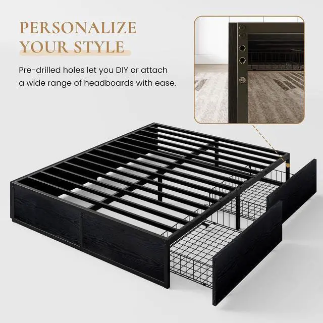 Alt view image 5 of 7 - Queen Platform Bed Frame with 2 Large Storage Drawers - Heavy Duty Metal & Rustic Wood, Noise-Free, No Box Spring Needed, Black