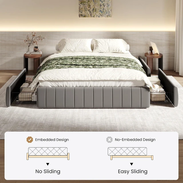 Alt view image 4 of 7 - Full Size Velvet Upholstered Platform Bed Frame with 4 Storage Drawers, Vertical Channel Tufted, Low Profile, Fits Standard Headboards, Wooden Slats Support, Easy Assembly, Grey