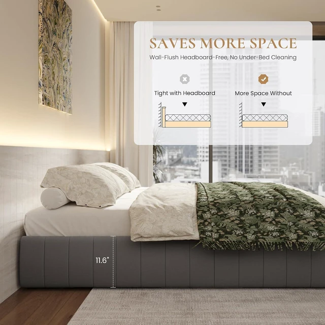 Alt view image 6 of 7 - Full Size Velvet Upholstered Platform Bed Frame with 4 Storage Drawers, Vertical Channel Tufted, Low Profile, Fits Standard Headboards, Wooden Slats Support, Easy Assembly, Grey