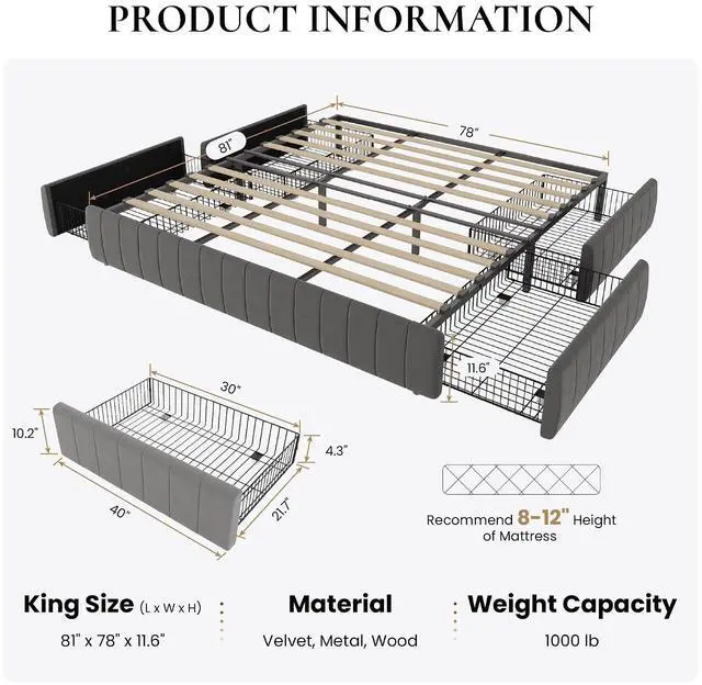 Alt view image 2 of 7 - King Size Velvet Upholstered Platform Bed Frame with 4 Storage Drawers, Vertical Channel Tufted, Low Profile, Fits Standard Headboards, Wooden Slats Support, Easy Assembly, Grey