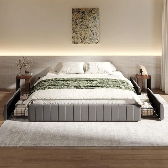 Main image of King Size Velvet Upholstered Platform Bed Frame with 4 Storage Drawers, Vertical Channel Tufted, Low Profile, Fits Standard Headboards, Wooden Slats Support, Easy Assembly, Grey