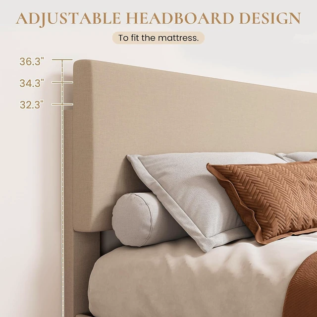Alt view image 3 of 7 - Linen Upholstered King Size Bed Frame with Headboard, Beige | Adjustable Low-Profile Platform Bed, Minimalist Design, Stable Mattress Foundation, Strong Back-Support, No Box Spring Needed