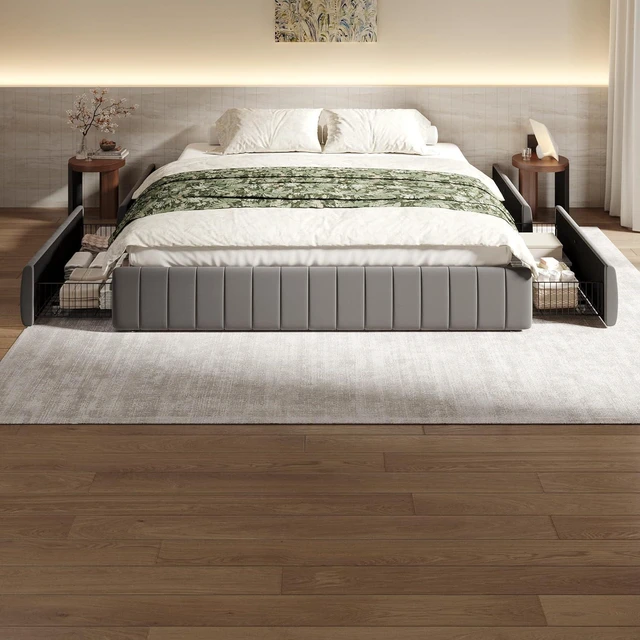 Alt view image 3 of 7 - King Size Velvet Upholstered Platform Bed Frame with 4 Storage Drawers, Vertical Channel Tufted, Low Profile, Fits Standard Headboards, Wooden Slats Support, Easy Assembly, Grey
