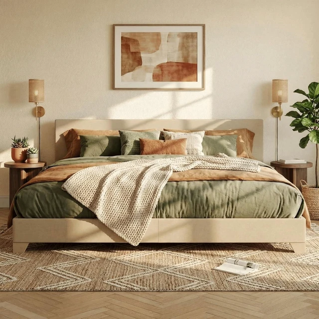 Main image of Linen Upholstered King Size Bed Frame with Headboard, Beige | Adjustable Low-Profile Platform Bed, Minimalist Design, Stable Mattress Foundation, Strong Back-Support, No Box Spring Needed