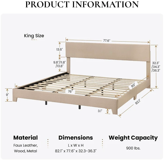 Alt view image 2 of 7 - Linen Upholstered King Size Bed Frame with Headboard, Beige | Adjustable Low-Profile Platform Bed, Minimalist Design, Stable Mattress Foundation, Strong Back-Support, No Box Spring Needed