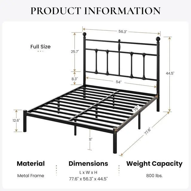 Alt view image 2 of 7 - Full Size Metal Platform Bed Frame with Victorian Vintage Headboard/Under Bed Storage/No Box Spring Needed/Easy Assembly/Noise Free/Mattress Foundation/Black
