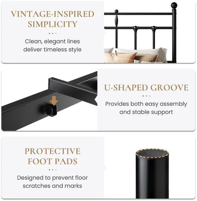 Alt view image 5 of 7 - Full Size Metal Platform Bed Frame with Victorian Vintage Headboard/Under Bed Storage/No Box Spring Needed/Easy Assembly/Noise Free/Mattress Foundation/Black