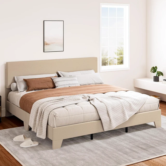 Alt view image 7 of 7 - Linen Upholstered King Size Bed Frame with Headboard, Beige | Adjustable Low-Profile Platform Bed, Minimalist Design, Stable Mattress Foundation, Strong Back-Support, No Box Spring Needed