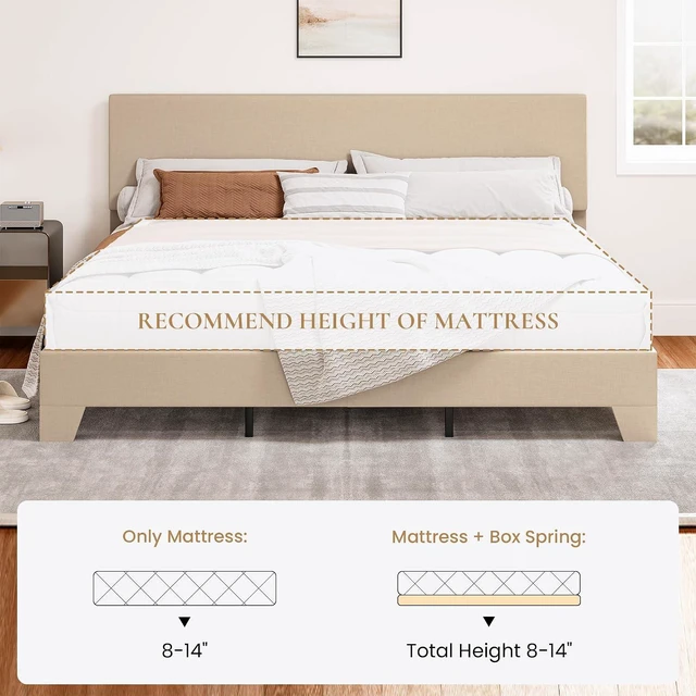 Alt view image 6 of 7 - Linen Upholstered King Size Bed Frame with Headboard, Beige | Adjustable Low-Profile Platform Bed, Minimalist Design, Stable Mattress Foundation, Strong Back-Support, No Box Spring Needed
