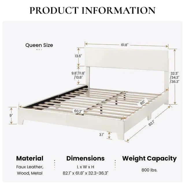 Alt view image 2 of 7 - PU Leather Upholstered Queen Size Bed Frame with Headboard,White | Adjustable Low-Profile Platform Bed, Minimalist Design, Stable Mattress Foundation, Strong Back-Support, No Box Spring Needed