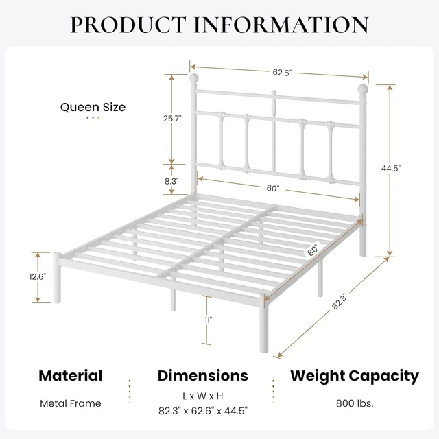 Alt view image 2 of 7 - Queen Size Metal Platform Bed Frame with Victorian Vintage Headboard/Under Bed Storage/No Box Spring Needed/Easy Assembly/Noise Free/Mattress Foundation/White