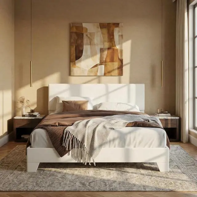 Main image of PU Leather Upholstered Queen Size Bed Frame with Headboard,White | Adjustable Low-Profile Platform Bed, Minimalist Design, Stable Mattress Foundation, Strong Back-Support, No Box Spring Needed