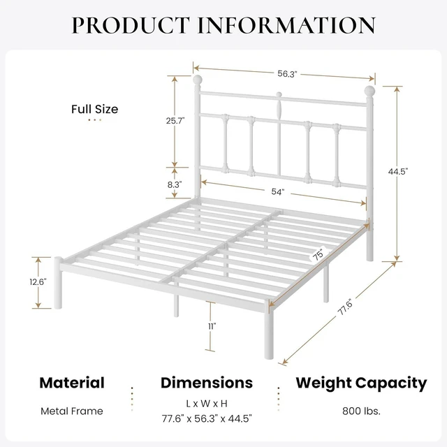 Alt view image 2 of 7 - Full Size Metal Platform Bed Frame with Victorian Vintage Headboard/Under Bed Storage/No Box Spring Needed/Easy Assembly/Noise Free/Mattress Foundation/White