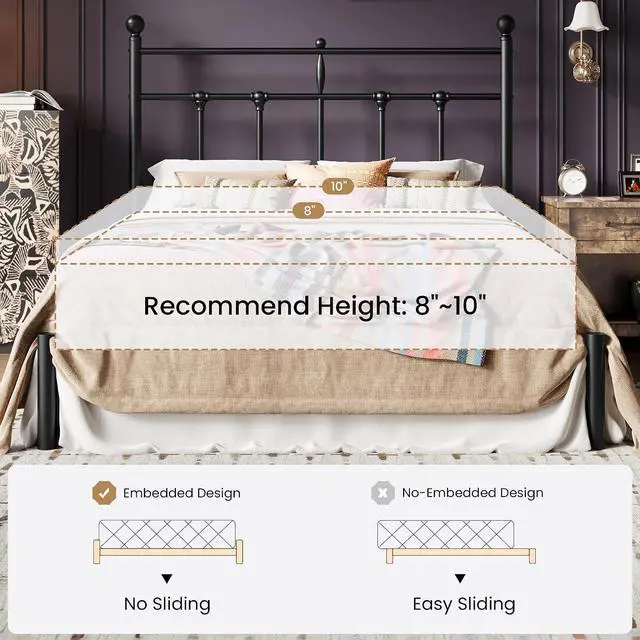 Alt view image 6 of 7 - Queen Size Metal Platform Bed Frame with Victorian Vintage Headboard/Under Bed Storage/No Box Spring Needed/Easy Assembly/Noise Free/Mattress Foundation/Black