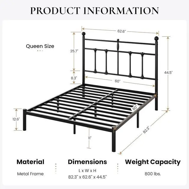Alt view image 2 of 7 - Queen Size Metal Platform Bed Frame with Victorian Vintage Headboard/Under Bed Storage/No Box Spring Needed/Easy Assembly/Noise Free/Mattress Foundation/Black