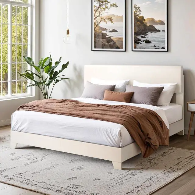 Alt view image 3 of 7 - PU Leather Upholstered Queen Size Bed Frame with Headboard,White | Adjustable Low-Profile Platform Bed, Minimalist Design, Stable Mattress Foundation, Strong Back-Support, No Box Spring Needed