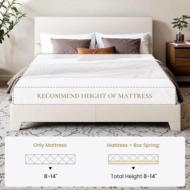 Alt view image 7 of 7 - PU Leather Upholstered Queen Size Bed Frame with Headboard,White | Adjustable Low-Profile Platform Bed, Minimalist Design, Stable Mattress Foundation, Strong Back-Support, No Box Spring Needed