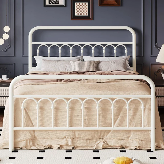 Main image of Queen Size Metal Platform Bed Frame with Vintage Headboard and Footboard, Iron Arch with Ball Paint Finish, Under Storage Space, No Box Spring Needed, Easy to Assemble, Cream White