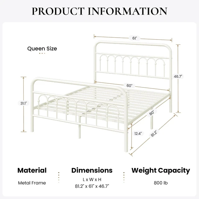 Alt view image 2 of 7 - Queen Size Metal Platform Bed Frame with Vintage Headboard and Footboard, Iron Arch with Ball Paint Finish, Under Storage Space, No Box Spring Needed, Easy to Assemble, Cream White