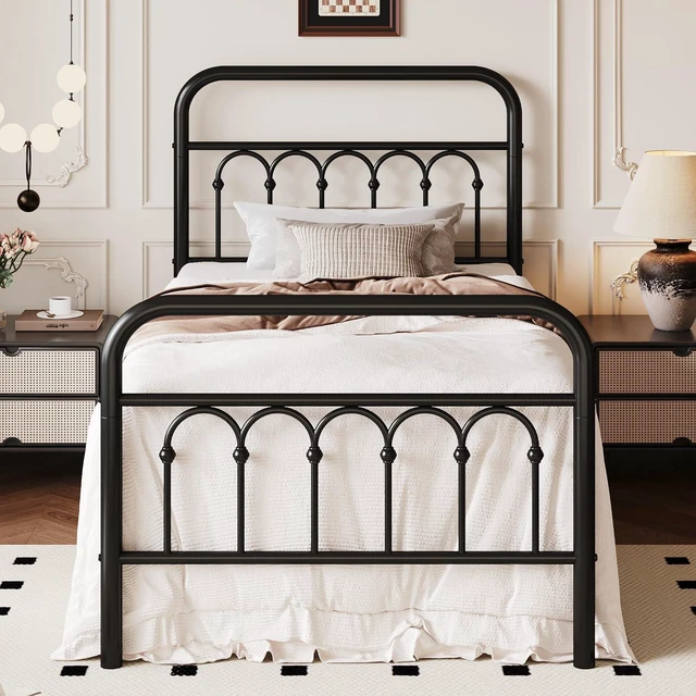 Main image of Twin Size Metal Platform Bed Frame with Vintage Headboard and Footboard, Iron Arch with Ball Paint Finish, Under Storage Space, No Box Spring Needed, Easy to Assemble, Black