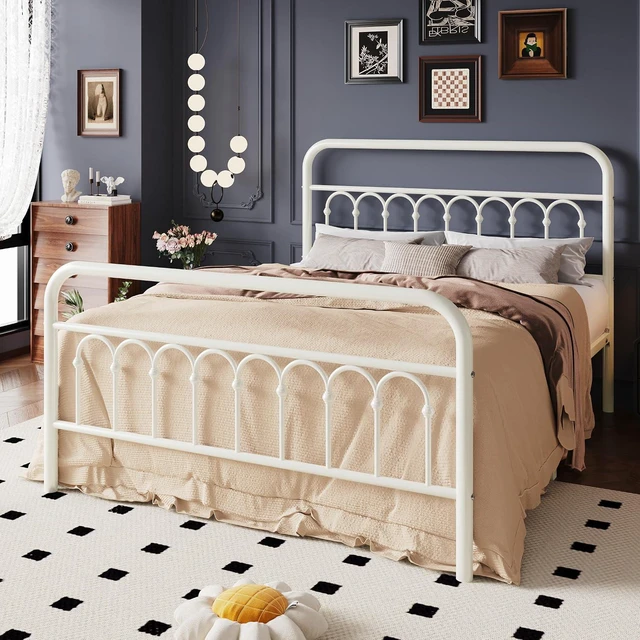 Alt view image 3 of 7 - Queen Size Metal Platform Bed Frame with Vintage Headboard and Footboard, Iron Arch with Ball Paint Finish, Under Storage Space, No Box Spring Needed, Easy to Assemble, Cream White
