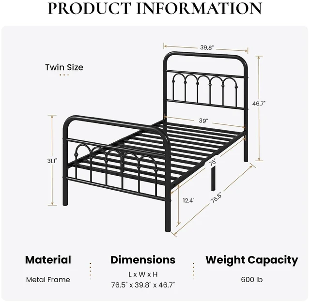 Alt view image 2 of 7 - Twin Size Metal Platform Bed Frame with Vintage Headboard and Footboard, Iron Arch with Ball Paint Finish, Under Storage Space, No Box Spring Needed, Easy to Assemble, Black