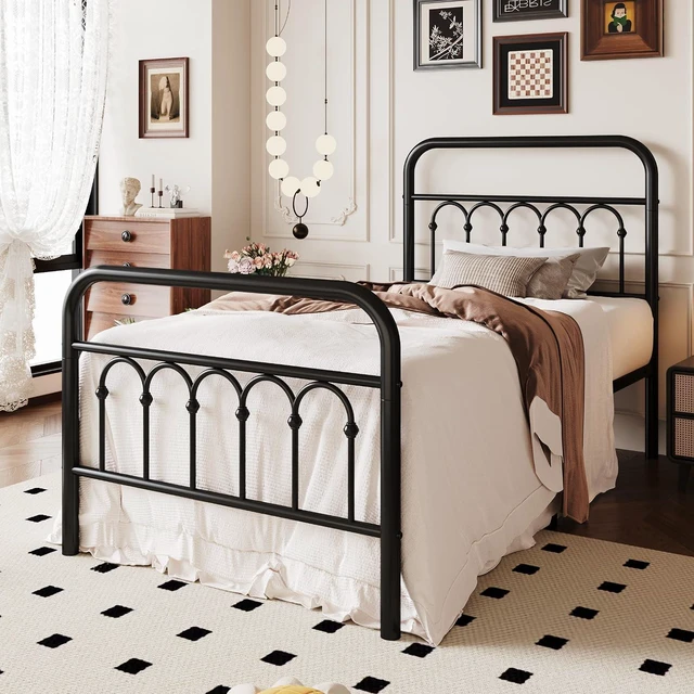 Alt view image 3 of 7 - Twin Size Metal Platform Bed Frame with Vintage Headboard and Footboard, Iron Arch with Ball Paint Finish, Under Storage Space, No Box Spring Needed, Easy to Assemble, Black